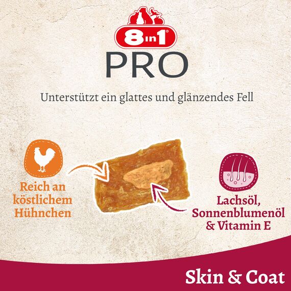 8in1 Pro Fillets Skin und Coat - Hunde-Snack mit Hähnchen, funktionale Leckerlis für ausgewachsene Hunde, angereichert mit Lachsöl, 80g Beutel