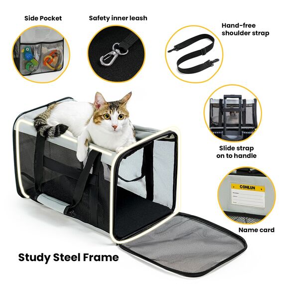 Conlun Katzentransportbox,Weiche Katzentransporttasche mit 4-seitigem Netz, Flugzeugtaugliche Katzentasche für Kleine&Mittelgroße Katze Kätzchen Welpen bis 6 Kg, Hundetransportbox Faltbar-M, Grau