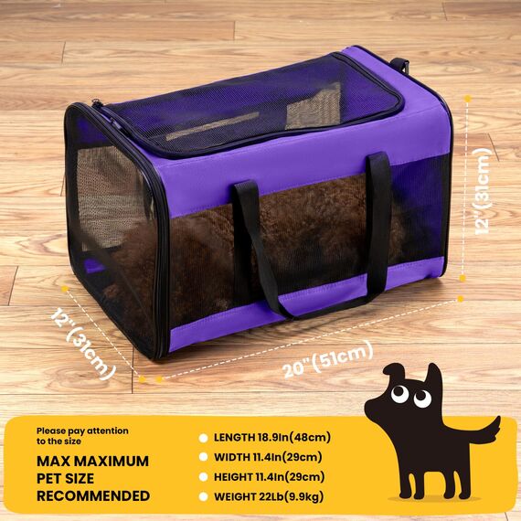 Conlun Hundetransporttasche – Weichwandige Tragetasche mit 4-Seitigem Mesh für Kleine Hunde & Große Katzen bis 9kg, Klappbare Reisetasche mit Atmungsaktivem Design in Größe L-Lila