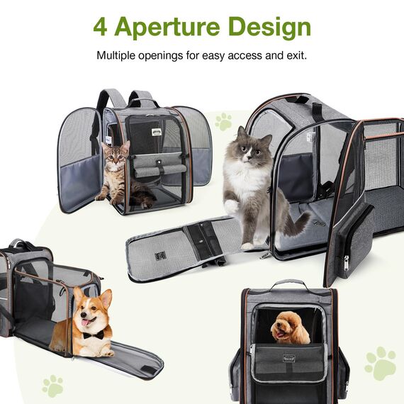 Lekespring Katzen Rucksack Hunderucksack für Große Katzen Hunde bis 12kg, Erweiterbar Faltbare Haustier Rucksack mit Innerer Sicherheitsleine und Haustiermatte, Grau-XL