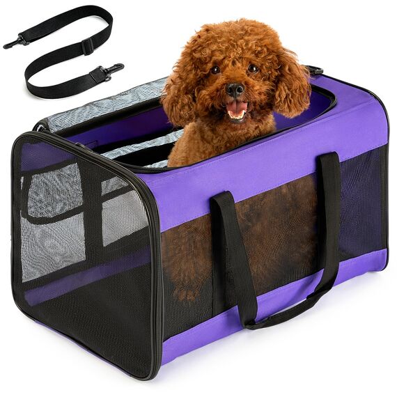 Conlun Hundetransporttasche – Weichwandige Tragetasche mit 4-Seitigem Mesh für Kleine Hunde & Große Katzen bis 9kg, Klappbare Reisetasche mit Atmungsaktivem Design in Größe L-Lila