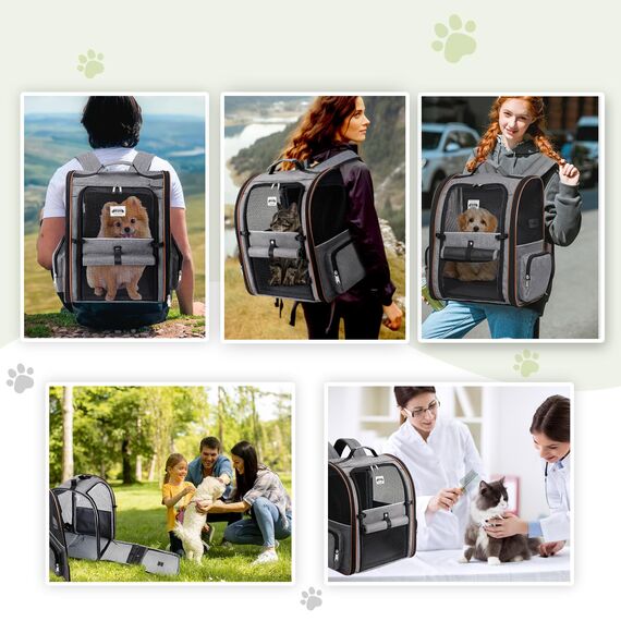 Lekespring Katzen Rucksack Hunderucksack für Große Katzen Hunde bis 12kg, Erweiterbar Faltbare Haustier Rucksack mit Innerer Sicherheitsleine und Haustiermatte, Grau-XL