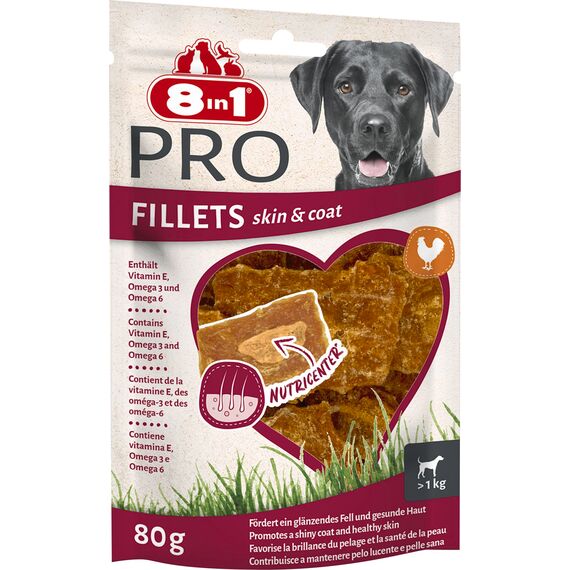 8in1 Pro Fillets Skin und Coat - Hunde-Snack mit Hähnchen, funktionale Leckerlis für ausgewachsene Hunde, angereichert mit Lachsöl, 80g Beutel
