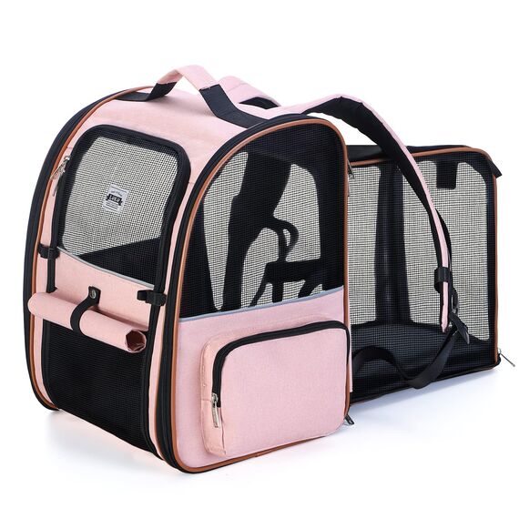 Lekespring Katzen Rucksack Hunderucksack für Große Katzen Hunde bis 12kg, Erweiterbar Faltbare Haustier Rucksack mit Innerer Sicherheitsleine und Haustiermatte, Rosa -XL