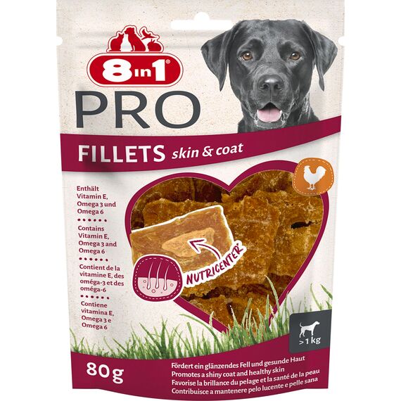 8in1 Pro Fillets Skin und Coat - Hunde-Snack mit Hähnchen, funktionale Leckerlis für ausgewachsene Hunde, angereichert mit Lachsöl, 80g Beutel