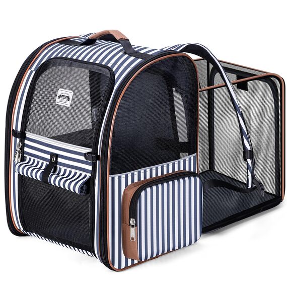 Lekespring Katzen Rucksack Hunderucksack für Große Katzen Hunde bis 12kg, Erweiterbar Faltbare Haustier Rucksack mit Innerer Sicherheitsleine und Haustiermatte, Schlieren -XL