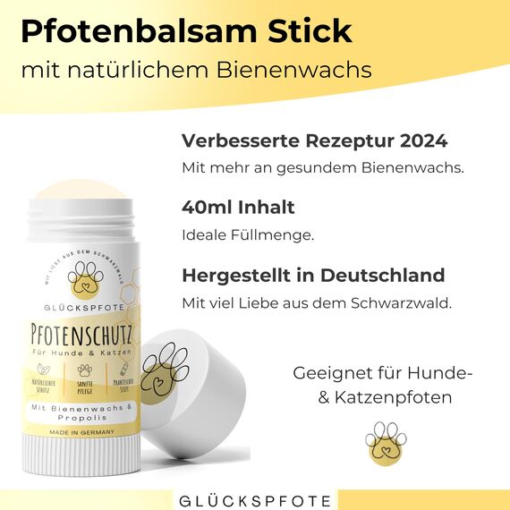 GLÜCKSPFOTE® Pfotenbalsam Stick für Hund Katze [Testsieger] |100% Natürlich gegen trockene rissige Pfoten | Pfotenpflege mit Bienenwachs ideal als Pfotenschutz für Sommer Winter f. Hunde Katzen.