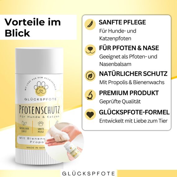 GLÜCKSPFOTE® Pfotenbalsam Stick für Hund Katze [Testsieger] |100% Natürlich gegen trockene rissige Pfoten | Pfotenpflege mit Bienenwachs ideal als Pfotenschutz für Sommer Winter f. Hunde Katzen.