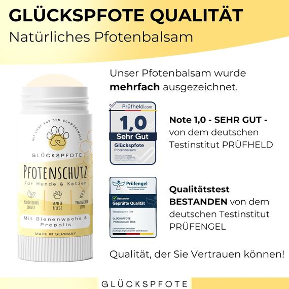 GLÜCKSPFOTE® Pfotenbalsam Stick für Hund Katze [Testsieger] |100% Natürlich gegen trockene rissige Pfoten | Pfotenpflege mit Bienenwachs ideal als Pfotenschutz für Sommer Winter f. Hunde Katzen.