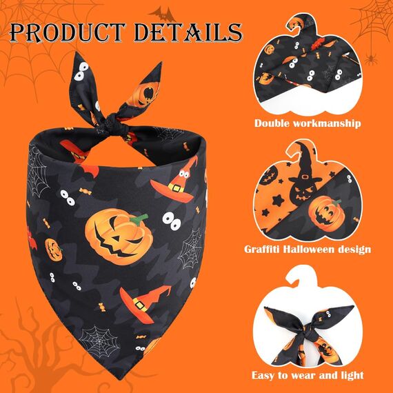 Vivifying Halloween Halstuch Hund, 2Pcs Einstellbare Dreieck Hundehalstuch mit Hexe Kürbis-Muster, Hundekostüm Halloween für kleine mittlere große Hunde