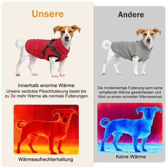 Woiil Hundemantel Hundejacke Wintermantel für Kleine Hunde, Hundemantel Winter mit Geschirr, Hunde Wintermantel Kostüm Ärmellose Baumwolle Gepolsterte Weste Wasserdicht Warme Reflektierend, Rot XS
