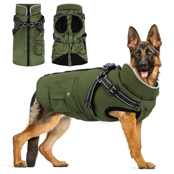 Woiil Hundemantel Hundejacke Wintermantel für Grosse Hunde, Hundemantel Winter mit Geschirr, Hunde Wintermantel Ärmellose Gepolsterte Weste Wasserdicht Warme Reflektierend, Armeegrün XL