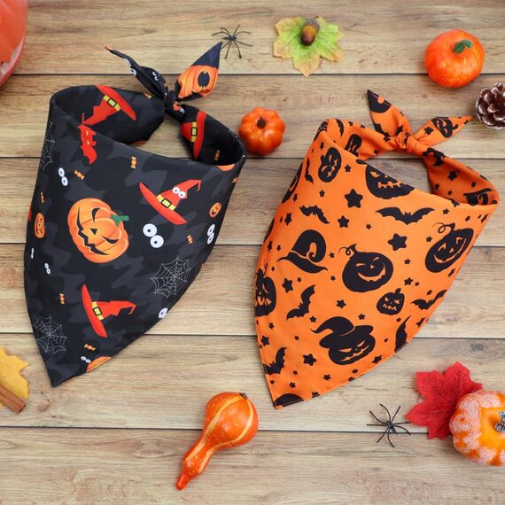 Vivifying Halloween Halstuch Hund, 2Pcs Einstellbare Dreieck Hundehalstuch mit Hexe Kürbis-Muster, Hundekostüm Halloween für kleine mittlere große Hunde