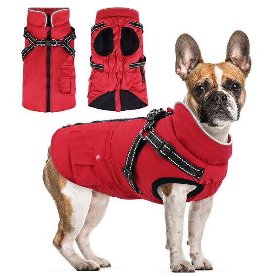 Woiil Hundemantel Hundejacke Wintermantel für Kleine Hunde, Hundemantel Winter mit Geschirr, Hunde Wintermantel Kostüm Ärmellose Baumwolle Gepolsterte Weste Wasserdicht Warme Reflektierend, Rot XS