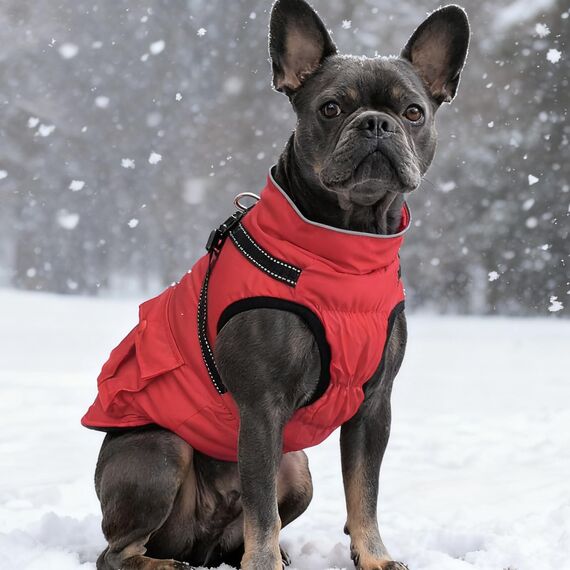 Woiil Hundemantel Hundejacke Wintermantel für Kleine Hunde, Hundemantel Winter mit Geschirr, Hunde Wintermantel Kostüm Ärmellose Baumwolle Gepolsterte Weste Wasserdicht Warme Reflektierend, Rot XS