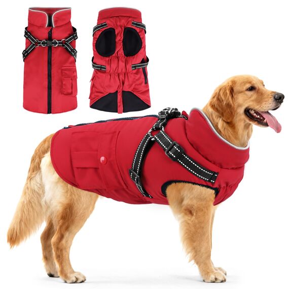 Woiil Hundemantel Hundejacke Wintermantel für Grosse Hunde, Hundemantel Winter mit Geschirr, Hunde Wintermantel Kostüm Ärmellose Baumwolle Gepolsterte Weste Wasserdicht Warme Reflektierend, Rot XL