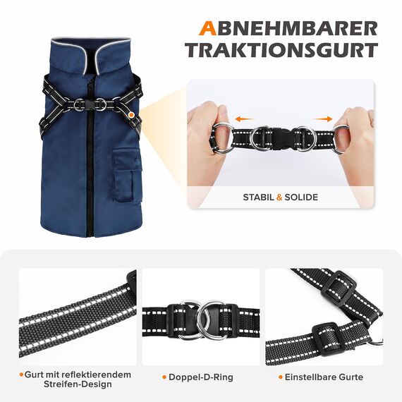 Woiil Hundemantel Hundejacke Wintermantel für Grosse Hunde, Hundemantel Winter mit Geschirr, Hunde Wintermantel Ärmellose Baumwolle Gepolsterte Weste Wasserdicht Warme Reflektierend, Navyblau XL