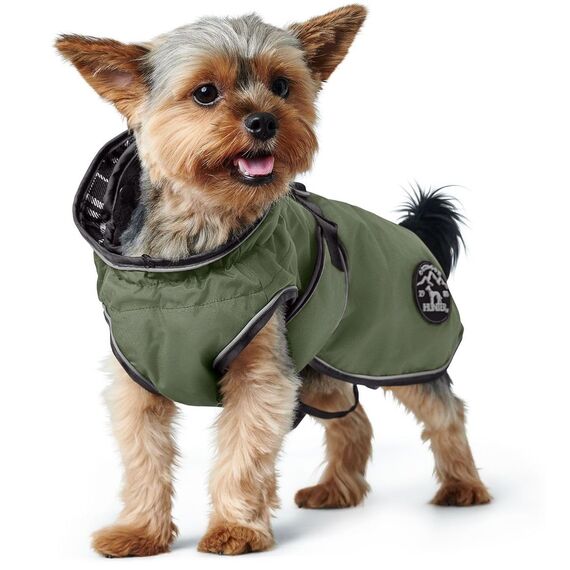 Hunter Hundemantel Uppsala, Farbe: Khaki, 2in1 Design mit herausknüpfbarem Innenfutter, wasserabweisend, reflektierende Paspeln, geschlossene Bauchseite, optimaler Sitz, Größe: 27,5