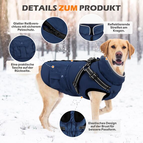 Woiil Hundemantel Hundejacke Wintermantel für Grosse Hunde, Hundemantel Winter mit Geschirr, Hunde Wintermantel Ärmellose Baumwolle Gepolsterte Weste Wasserdicht Warme Reflektierend, Navyblau 3XL