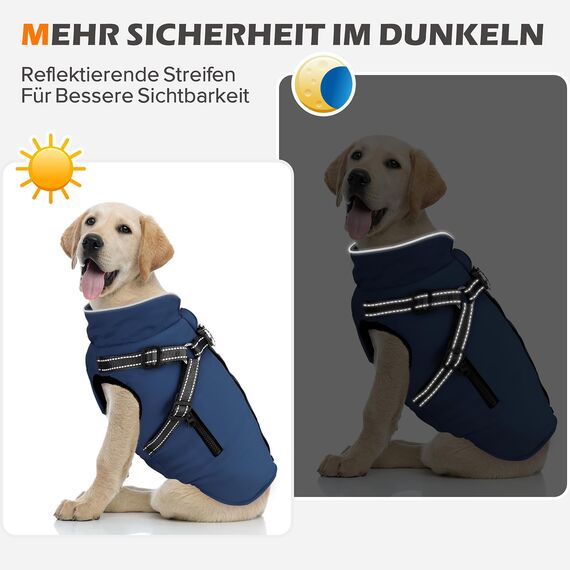 Woiil Hundemantel Hundejacke Wintermantel für Grosse Hunde, Hundemantel Winter mit Geschirr, Hunde Wintermantel Ärmellose Baumwolle Gepolsterte Weste Wasserdicht Warme Reflektierend, Navyblau 3XL