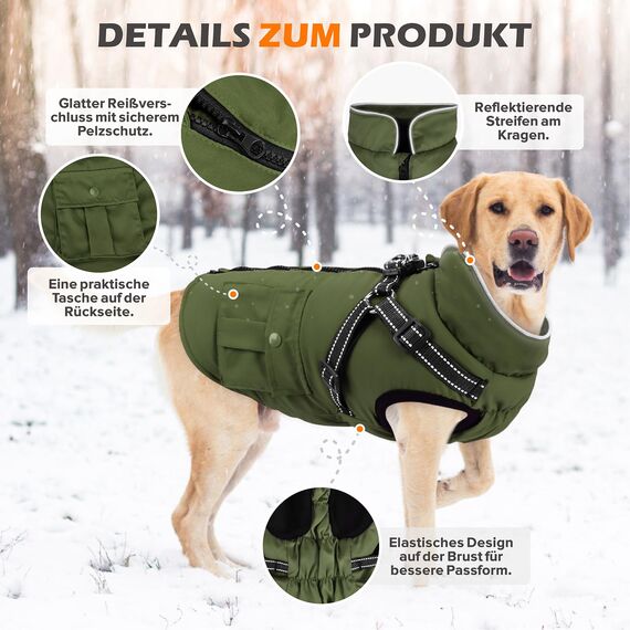 Woiil Hundemantel Hundejacke Wintermantel für Kleine Hunde, Hundemantel Winter mit Geschirr, Hunde Wintermantel Ärmellose Baumwolle Gepolsterte Weste Wasserdicht Warme Reflektierend, Armeegrün S