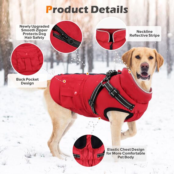 Woiil Hundemantel Hundejacke Wintermantel für Grosse Hunde, Hundemantel Winter mit Geschirr, Hunde Wintermantel Kostüm Ärmellose Baumwolle Gepolsterte Weste Wasserdicht Warme Reflektierend, Rot XXL