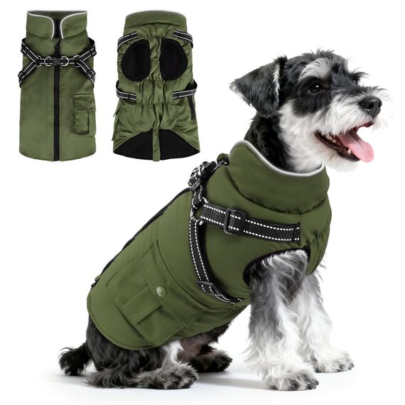 Woiil Hundemantel Hundejacke Wintermantel für Grosse Hunde, Hundemantel Winter mit Geschirr, Hunde Wintermantel Ärmellose Baumwolle Gepolsterte Weste Wasserdicht Warme Reflektierend, Armeegrün L