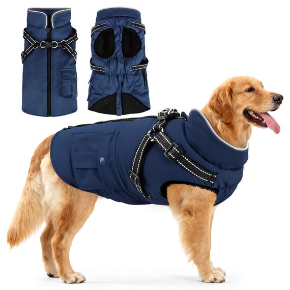 Woiil Hundemantel Hundejacke Wintermantel für Grosse Hunde, Hundemantel Winter mit Geschirr, Hunde Wintermantel Ärmellose Baumwolle Gepolsterte Weste Wasserdicht Warme Reflektierend, Navyblau XL