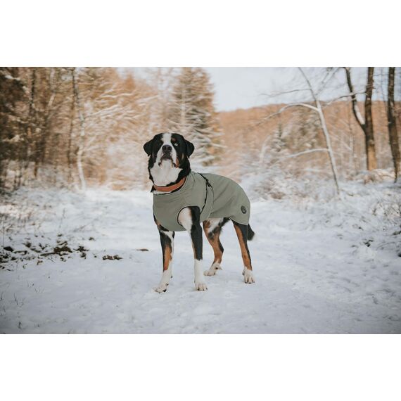 Hunter Hundemantel Uppsala, Farbe: Khaki, 2in1 Design mit herausknüpfbarem Innenfutter, wasserabweisend, reflektierende Paspeln, geschlossene Bauchseite, optimaler Sitz, Größe: 47,5