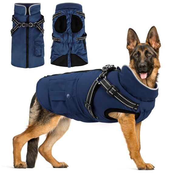 Woiil Hundemantel Hundejacke Wintermantel für Grosse Hunde, Hundemantel Winter mit Geschirr, Hunde Wintermantel Ärmellose Baumwolle Gepolsterte Weste Wasserdicht Warme Reflektierend, Navyblau 3XL