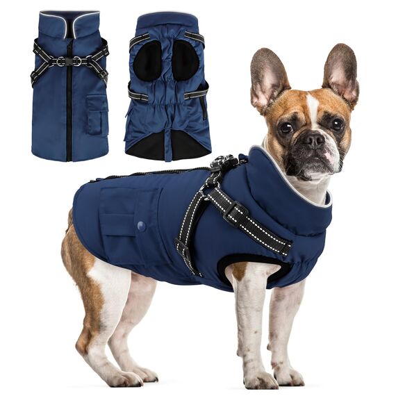 Woiil Hundemantel Hundejacke Wintermantel für Kleine Hunde, Hundemantel Winter mit Geschirr, Hunde Wintermantel Ärmellose Baumwolle Gepolsterte Weste Wasserdicht Warme Reflektierend, Navyblau S