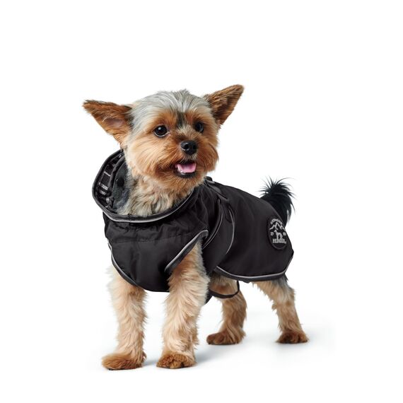 Hunter Hundemantel Uppsala, Farbe: schwarz, 2in1 Design mit herausknüpfbarem Innenfutter, wasserabweisend, reflektierende Paspeln, geschlossene Bauchseite, optimaler Sitz, Größe: 27,5