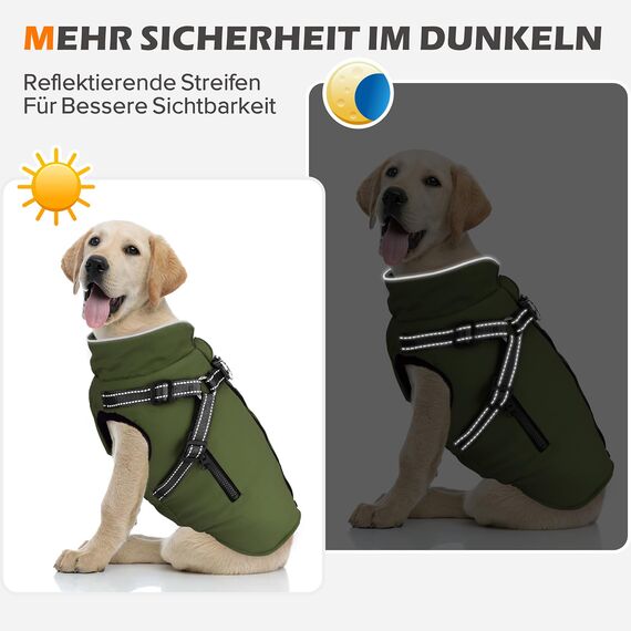 Woiil Hundemantel Hundejacke Wintermantel für Grosse Hunde, Hundemantel Winter mit Geschirr, Hunde Wintermantel Ärmellose Baumwolle Gepolsterte Weste Wasserdicht Warme Reflektierend, Armeegrün L