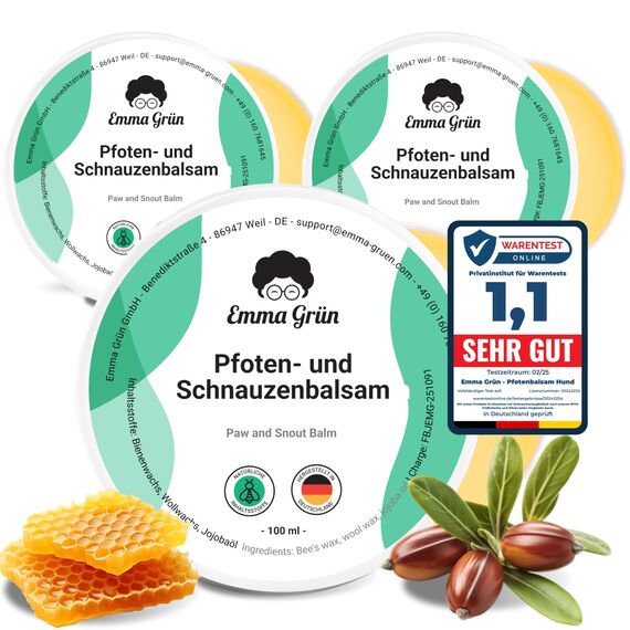 Emma Grün® Pfotenbalsam Hund 2x100ml – Pfotenschutz vor Streusalz, EIS & heißem Asphalt – Pfotenpflege bei trockenen, rissigen Pfoten & Nasen – Hundepfoten Balsam mit Jojoba, Propolis & Bienenwachs