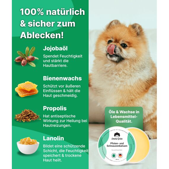 Emma Grün® Pfotenbalsam Hund 2x100ml – Pfotenschutz vor Streusalz, EIS & heißem Asphalt – Pfotenpflege bei trockenen, rissigen Pfoten & Nasen – Hundepfoten Balsam mit Jojoba, Propolis & Bienenwachs