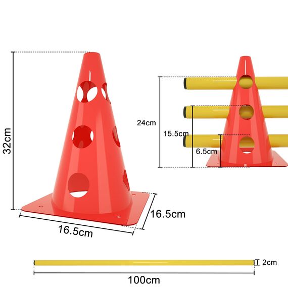 ACXIN 6er Sports Steckhürdenset 12 Kegel + 6 Stangen Agility Hürden Steckhürden Set, Koordinationstraining für Kinder Hunde Teamsport Fussball, Multifunktionskegel | Höhe: 32 cm | Stange: 100 cm
