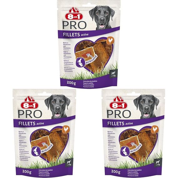 8in1 Pro Fillets Active - Hunde-Snack mit Hähnchen, funktionale Leckerlis für ausgewachsene Hunde, mit Chondroitin und Glucosamin für gesunde Knochen und Gelenke, 200g Beutel (Packung mit 3)