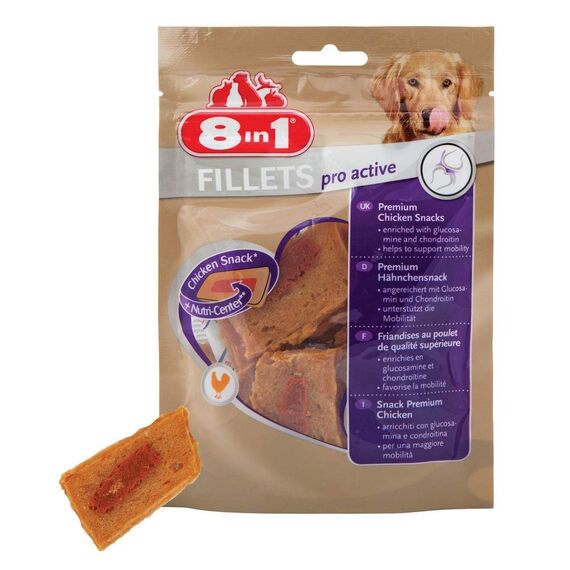 8in1 Fillets Pro Active Hunde-Snack mit Hähnchen, funktionale Leckerlis für Hunde, unterstützt die Mobilität, 80 g Beutel