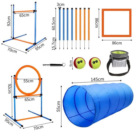 JMMPOO Agility Set Hunde, 65-Teiliges Agility Ausrüstung für Hundetraining Spiele mit Hundetunnel, Hürden, 8 Slalomstangen, Springring, 2 Tennis Ball Spielzeuge, Pause-Box, Leckerlibeutel, Tragetasche