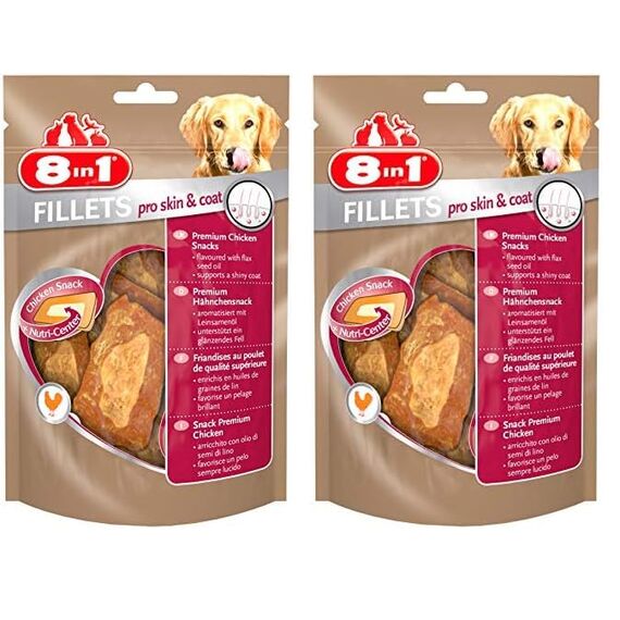 8in1 Fillets Pro Skin & Coat Hunde-Snack mit Hähnchen, funktionale Leckerlis für Hunde, aromatisiert mit Leinsamenöl, 80 g Beutel (Packung mit 2)