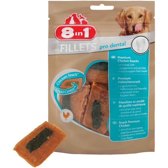 8in1 Fillets Pro Dental Hunde-Snack mit Hähnchen, funktionale Leckerlis für Hunde, unterstützt einen frischen Atem, 80 g Beutel (Packung mit 4)
