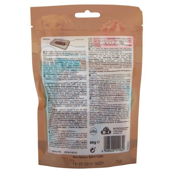8in1 Fillets Pro Dental Hunde-Snack mit Hähnchen, funktionale Leckerlis für Hunde, unterstützt einen frischen Atem, 80 g Beutel (Packung mit 4)