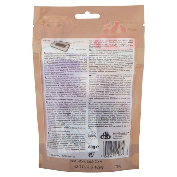 8in1 Fillets Pro Active Hunde-Snack mit Hähnchen, funktionale Leckerlis für Hunde, unterstützt die Mobilität, 80 g Beutel (Packung mit 2)