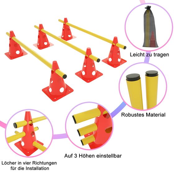 ACXIN 6er Sports Steckhürdenset 12 Kegel + 6 Stangen Agility Hürden Steckhürden Set, Koordinationstraining für Kinder Hunde Teamsport Fussball, Multifunktionskegel | Höhe: 32 cm | Stange: 100 cm