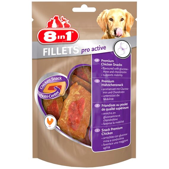 8in1 Fillets Pro Active Hunde-Snack mit Hähnchen, funktionale Leckerlis für Hunde, unterstützt die Mobilität, 80 g Beutel