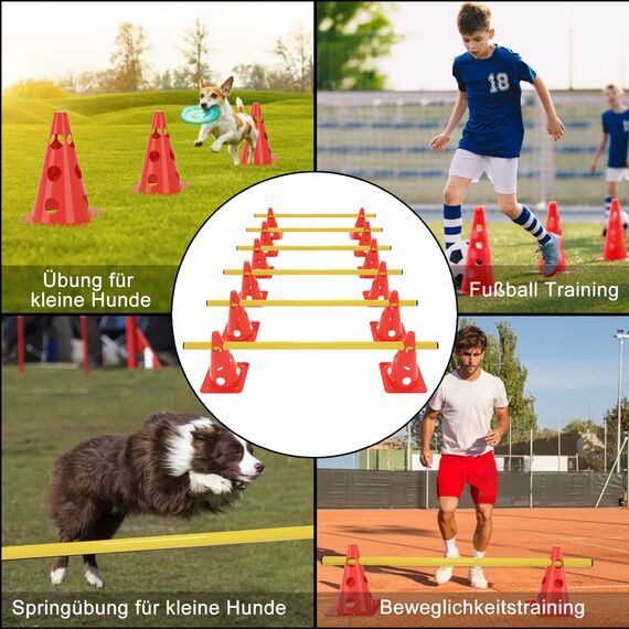 ACXIN 6er Sports Steckhürdenset 12 Kegel + 6 Stangen Agility Hürden Steckhürden Set, Koordinationstraining für Kinder Hunde Teamsport Fussball, Multifunktionskegel | Höhe: 32 cm | Stange: 100 cm