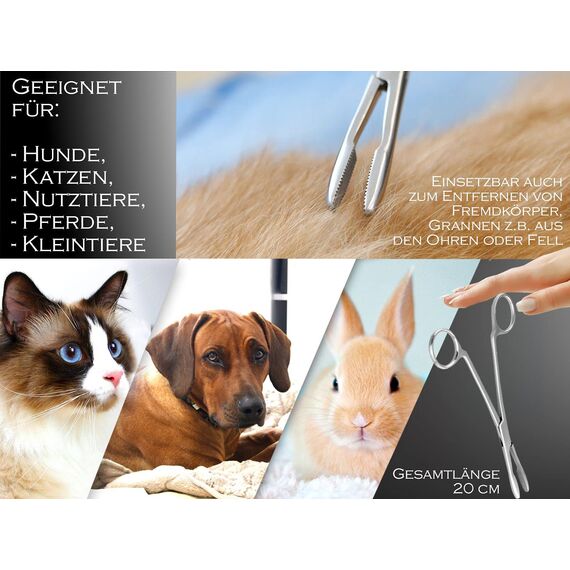 Zupfzange für Hundeohren Haarzange Hunde Haarzupfzange Tierhaar-Entferner Edelstahl Rostfrei mit Innenzahnung ohne Sperre in Profi-Qualität (20 cm)