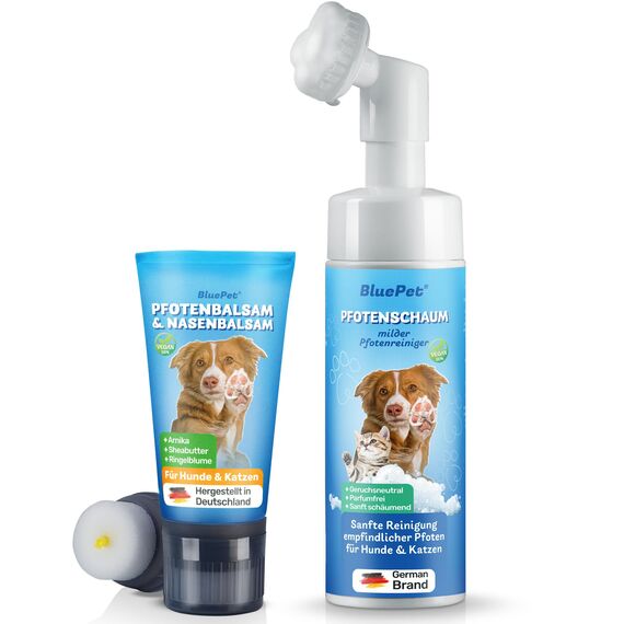BluePet Pfotenreiniger + Schnelleinziehender Pfotenbalsam Hund & Katze, Gegen Trockene, Rissige Pfoten, Nasen I Hunde Pfotencreme 50 ml - Heilt, Regeneriert I Pfotenpflege Hund