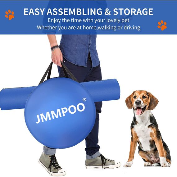 JMMPOO Agility Set Hunde, 65-Teiliges Agility Ausrüstung für Hundetraining Spiele mit Hundetunnel, Hürden, 8 Slalomstangen, Springring, 2 Tennis Ball Spielzeuge, Pause-Box, Leckerlibeutel, Tragetasche