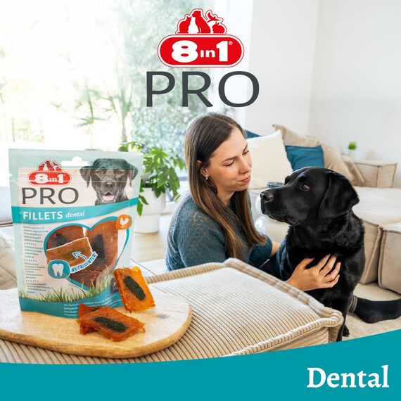 8in1 Fillets Pro Dental Hunde-Snack mit Hähnchen, funktionale Leckerlis für Hunde, unterstützt einen frischen Atem, 80 g Beutel